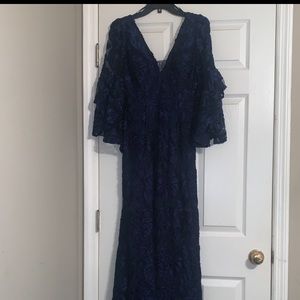 Blue velvet bell sleeve dress